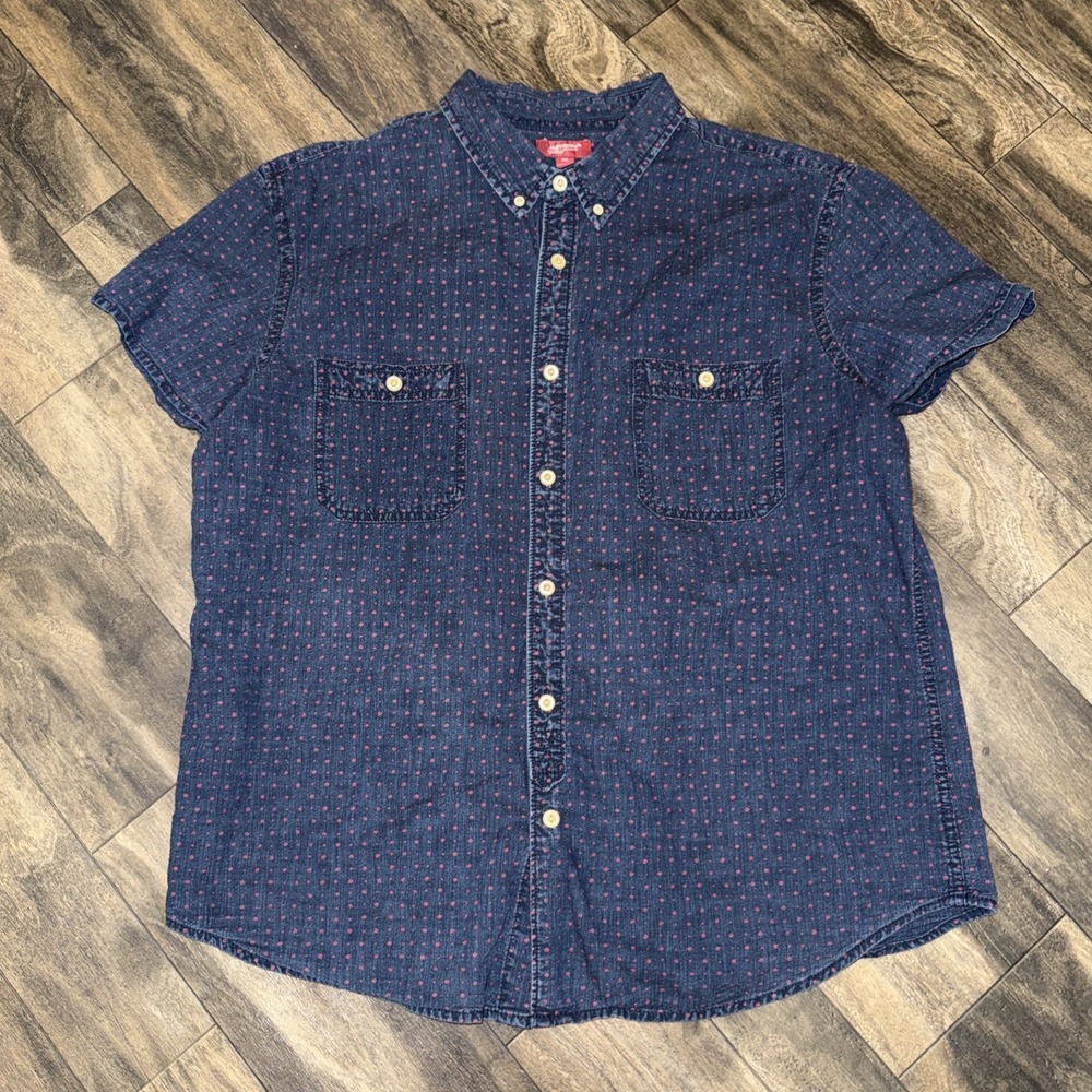 Arizona Jean Co Denim Polka-Dot Button-Up Polo Shirt Women's Size XXL Dark Blue